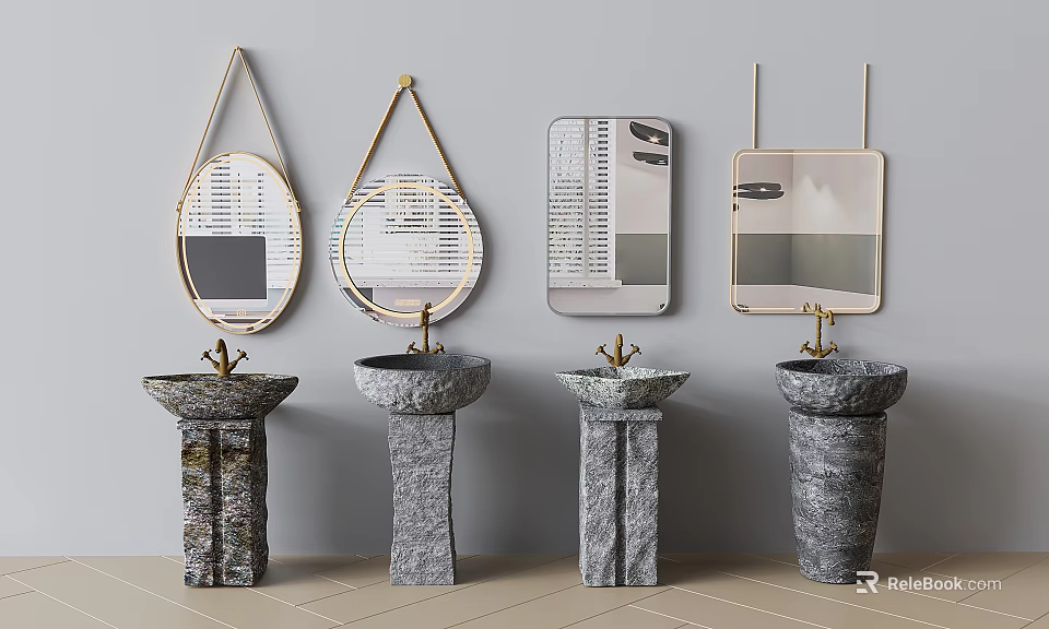 Modern Stone Washbasins With Various Shaped Mirrors And Golden Frames 3d model