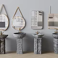 Modern Stone Washbasins With Various Shaped Mirrors And Golden Frames 3d model