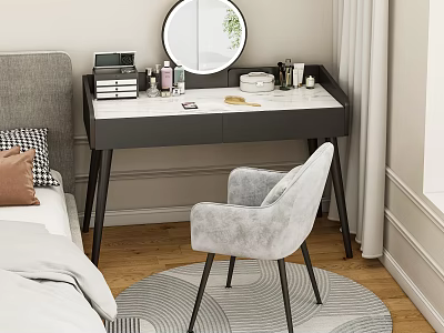 Modern Bedroom Dressing Table With Round Mirror Marble Top Gray Chair And Decor Items 3d model