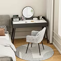 Modern Bedroom Dressing Table With Round Mirror Marble Top Gray Chair And Decor Items