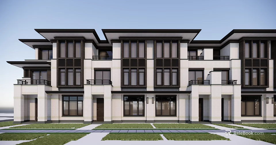 Modern Townhouse Exterior Design With Stone Siding Large Windows And Balconies 3d model 