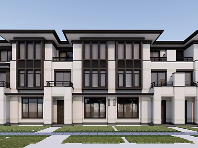 Modern Townhouse Exterior Design With Stone Siding Large Windows And Balconies 3d model