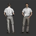 Man In White Shirt Khaki Pants With Brown Shoes Front Back View Holding Paper