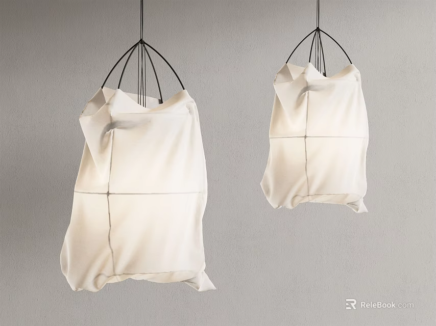 Two Modern Pendant Lights With White Pleated Fabric Shades And Black Metal Frames 3d model 