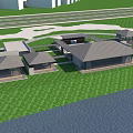 Modern Lakefront Architecture Complex With Green Lawn Curved Path And Arch Bridge