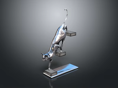 Silver Cat Sculpture Standing Gracefully on Stacked Platforms Decorative 3d model