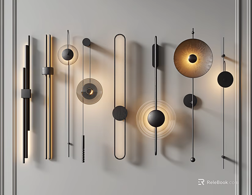 Modern Wall Lamps on White Wall Different Designs Round Long Strip Shapes Warm Yellow Light 3d model 