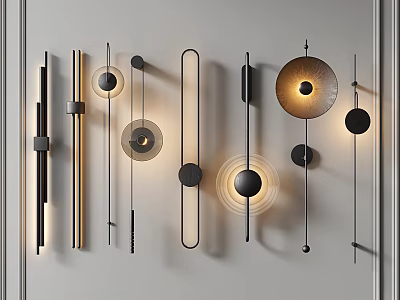 Modern Wall Lamps on White Wall Different Designs Round Long Strip Shapes Warm Yellow Light 3d model