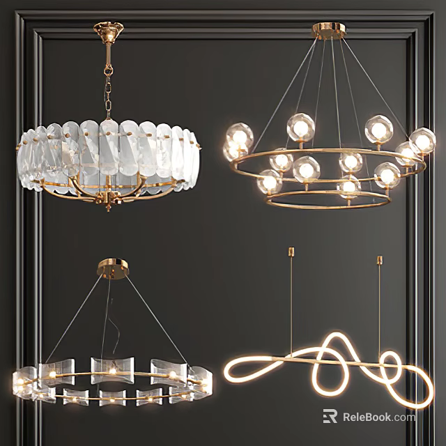 Modern Chandeliers With Glass Elements Gold Frame And Circular Artistic Design 3d model 