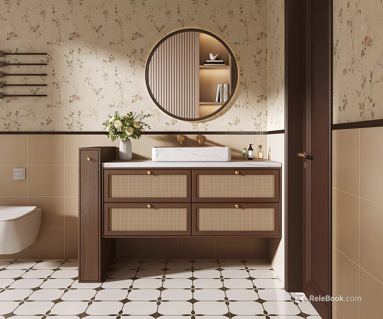 Chic Bathroom Interior Featuring Circular Lit Mirror Floral Wallpaper Rattan Drawer Vanity And Checkered Tiles 3d model 