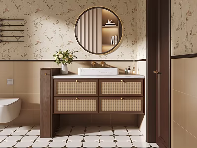 Chic Bathroom Interior Featuring Circular Lit Mirror Floral Wallpaper Rattan Drawer Vanity And Checkered Tiles 3d model