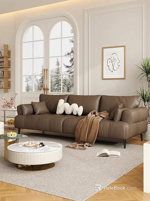 Brown Leather Double Sofa With Plush Pillows And Cozy Blanket In Modern Living Room 3d model 