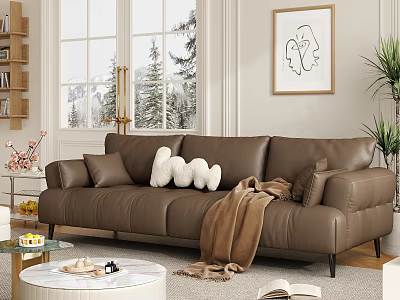 Brown Leather Double Sofa With Plush Pillows And Cozy Blanket In Modern Living Room 3d model