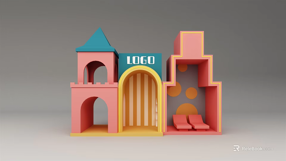 Colorful Building Blocks Structure With LOGO Arch And Striped Details 3d model 