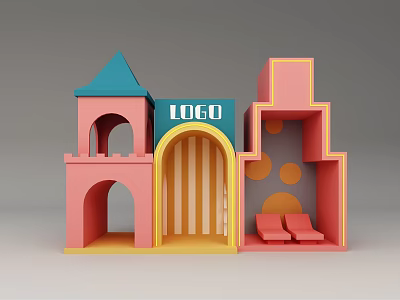 Colorful Building Blocks Structure With LOGO Arch And Striped Details 3d model
