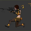 A Woman Kneeling With Sniper Rifle And Flying Yellow Black Drones
