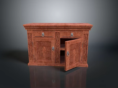 Antique Wooden Cabinet With Ornate Carved Details Drawer And Open Door 3d model