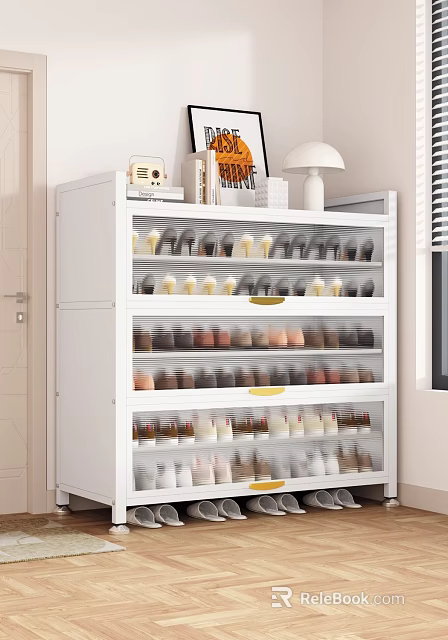 Modern White Entryway Console Cabinet with Glass Doors Golden Handles and Decor Items 3d model 