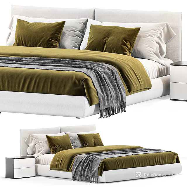 Modern Double Bed With Olive Green Bedding Velvet Pillows Gray Throw Blanket And White Headboard 3d model 