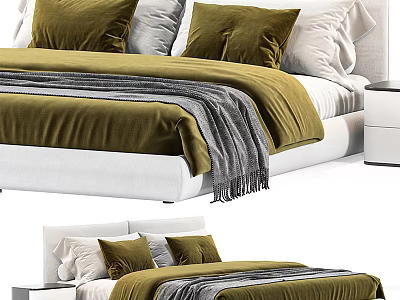Modern Double Bed With Olive Green Bedding Velvet Pillows Gray Throw Blanket And White Headboard 3d model