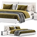 Modern Double Bed With Olive Green Bedding Velvet Pillows Gray Throw Blanket And White Headboard