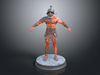 Ancient Warrior 3D Model With Traditional Armor Helmet And Muscular Build Standing On Circular Pedestal 3d model