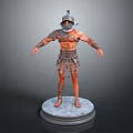 Ancient Warrior 3D Model With Traditional Armor Helmet And Muscular Build Standing On Circular Pedestal