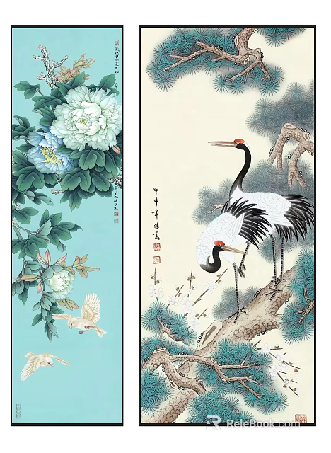 Traditional Chinese Painting Artwork Featuring Peony Crane Pine Tree and Small Bird 3d model 