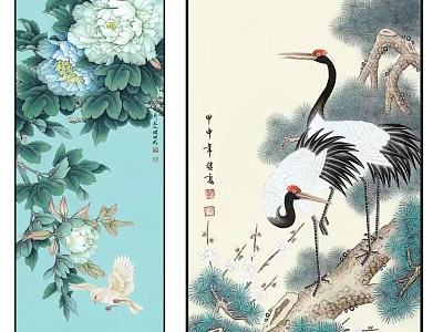 Traditional Chinese Painting Artwork Featuring Peony Crane Pine Tree and Small Bird 3d model
