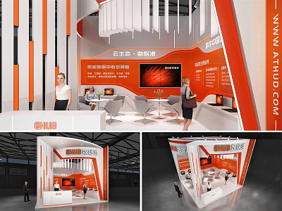 Modern Exhibition Booth With Orange White Design Structure Furniture And Display Screens 3d model