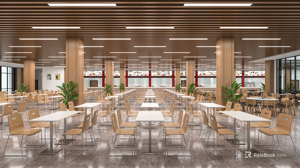 Spacious Cafeteria Interior With Wooden Pillars Tables Chairs And Green Plants 3d model 