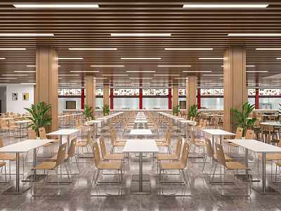Spacious Cafeteria Interior With Wooden Pillars Tables Chairs And Green Plants 3d model
