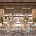 Spacious Cafeteria Interior With Wooden Pillars Tables Chairs And Green Plants