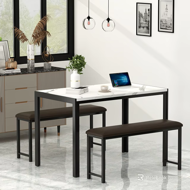 Modern Dining Table Set With Marble Top Benches Cabinet And Decorative Plants 3d model 