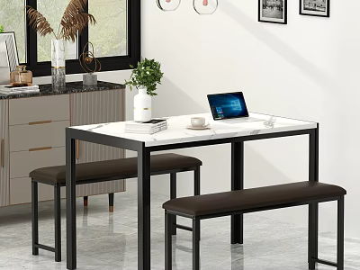Modern Dining Table Set With Marble Top Benches Cabinet And Decorative Plants 3d model