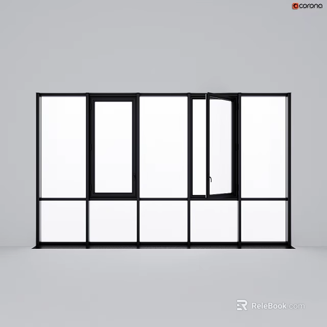 Modern Glass Window Structure With Black Frame Multiple Panes And Open Panel 3d model 