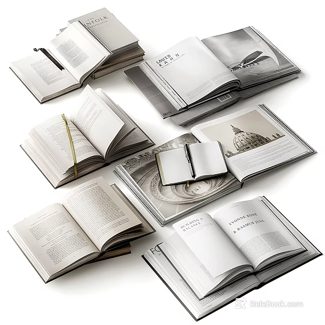 Collection of Open Books And Magazines With Stacked Layouts And Varied Pages 3d model 