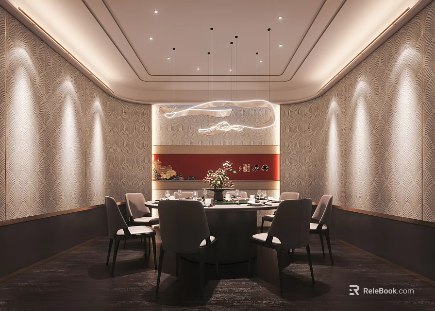 Elegant Private Dining Room Interior With Round Table Chandelier And Wall Decor 3d model 