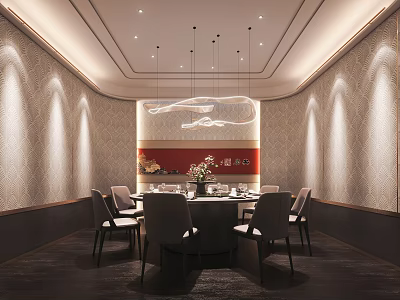 Elegant Private Dining Room Interior With Round Table Chandelier And Wall Decor 3d model
