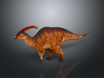 Orange Brown Dinosaur Figure With Red Yellow Crest Standing On Dark Background 3d model