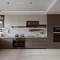 Modern Gray Kitchen Interior Design With Cabinets Oven Refrigerator Tiled Wall And Utensils