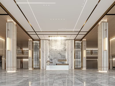 Luxurious Hotel Lobby Interior With Marble Floor Grand Chandelier Reception Desk And Modern Ceiling Design 3d model