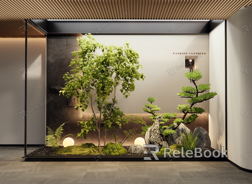 Modern Indoor Plants Landscaping Courtyard Scrib Plant Pile Fern Moss Stone Pine model