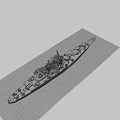 Large Military Battleship Sailing on Blue Ocean with Turrets and Waves