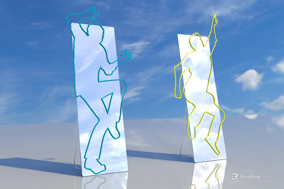 Photo Spot Featuring Colorful Silhouette Sculptures Blue Yellow Jumping Figures Against Blue Sky White Clouds 3d model 