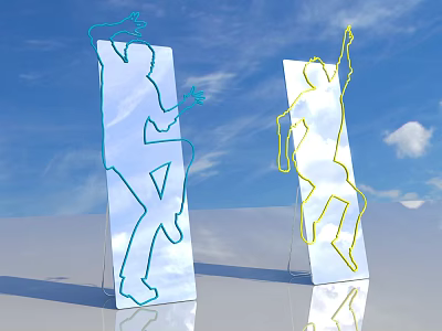 Photo Spot Featuring Colorful Silhouette Sculptures Blue Yellow Jumping Figures Against Blue Sky White Clouds 3d model