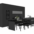 Modern Dark Gray Kitchen Cabinets With Island Counter And Dining Chairs