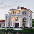 Elegant Detached Villa With Red Roof White Walls Arched Windows Lawn Flowers Driveway And Garage