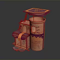 Cartoon Style Building Model With Purple Awning Cylindrical Tower Ladder And Decorative Patterns