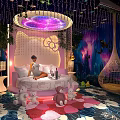 Enchanting Hotel Room With Pink Bed Stuffed Toys Hanging Chair Starry Lights And Green Plants